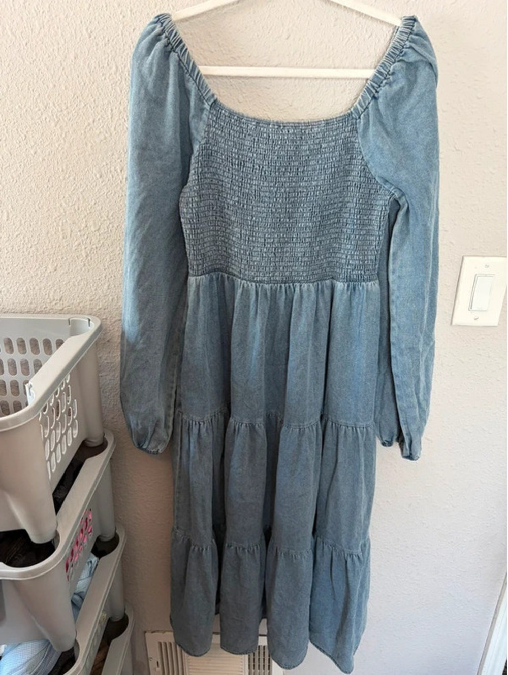 February Boutique Denim Style Midi Dress Off Shoulder Sleeves size M.